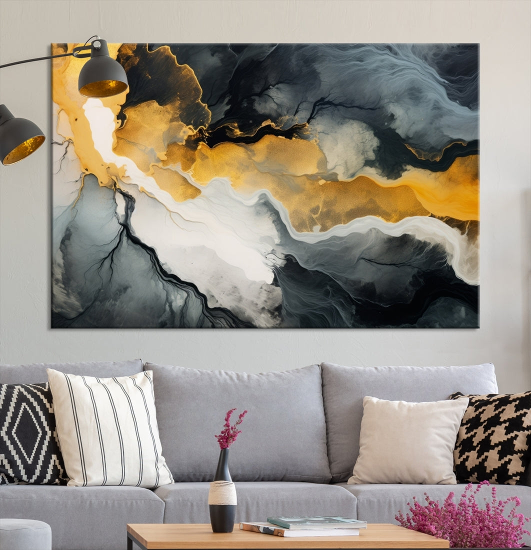 The Smoke Gray Green Golden Abstract Contemporary Art Canvas beautifully enhances a modern living room. Created on museum-quality canvas, this ready-to-hang artwork guarantees longevity and sophistication, perfectly aligning with the contemporary aesthetic.