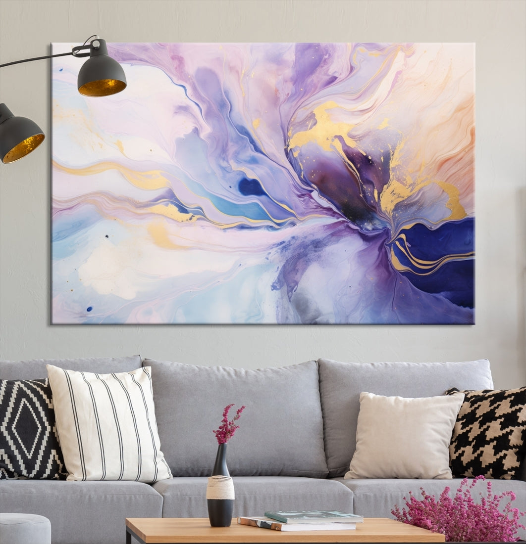 In the modern living room, a captivating Purple Color Abstract Wall Art Print graces the walls, mounted on museum-quality canvas, infusing the space with an artistic flair.