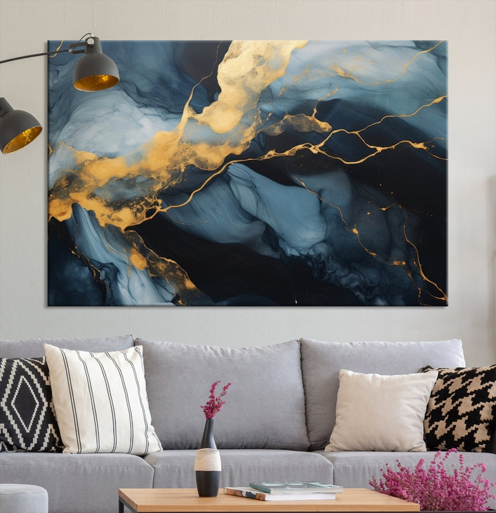 Contemporary artwork print featuring abstract blue and gold swirls on gallery wrapped, museum-quality canvas.