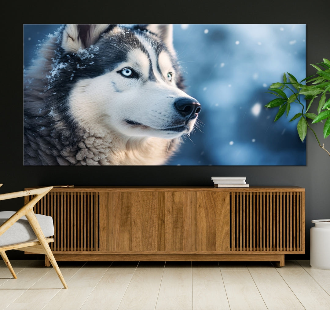 Art mural de loup Husky sibérien d'hiver Impression sur toile