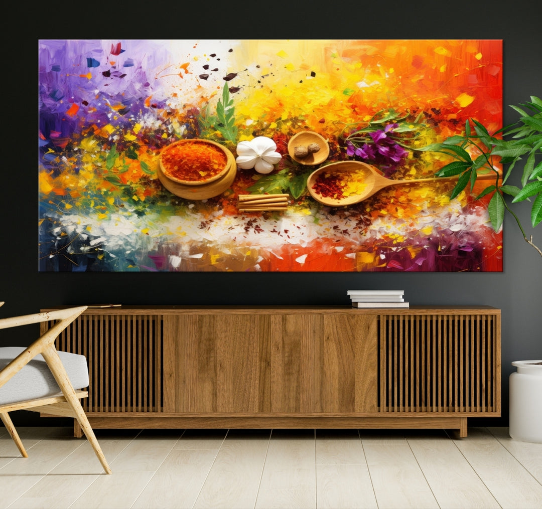 The Abstract Spoonful of Spice Art Print Kitchen Wall, featuring a colorful triptych design of spices and herbs on museum-quality canvas with a UV-protective coating, enhances the modern living room. It's ready to hang, adding a vibrant touch to the space.