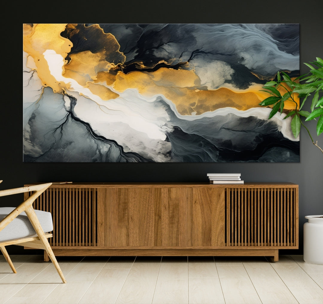 The Smoke Gray Green Golden Abstract Contemporary Art Canvas beautifully enhances a modern living room. Created on museum-quality canvas, this ready-to-hang artwork guarantees longevity and sophistication, perfectly aligning with the contemporary aesthetic.