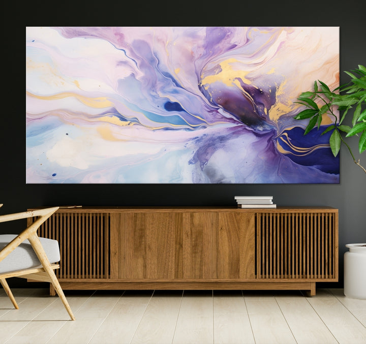 In the modern living room, a captivating Purple Color Abstract Wall Art Print graces the walls, mounted on museum-quality canvas, infusing the space with an artistic flair.