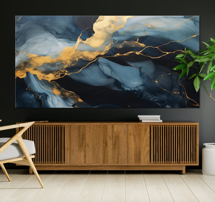 Contemporary artwork print featuring abstract blue and gold swirls on gallery wrapped, museum-quality canvas.