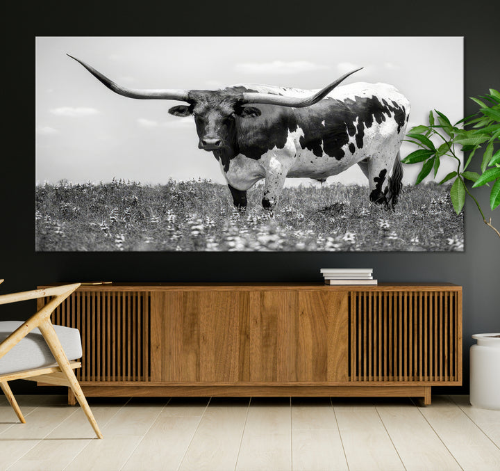 Texas Black White Highland Longhorn Cow Wall Art Canvas Print