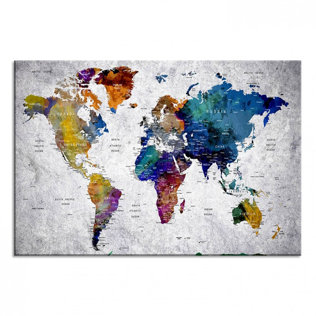 The World Map Art Canvas Print, featuring country names on a grunge-stained gray background, is perfect for stylish home decor.