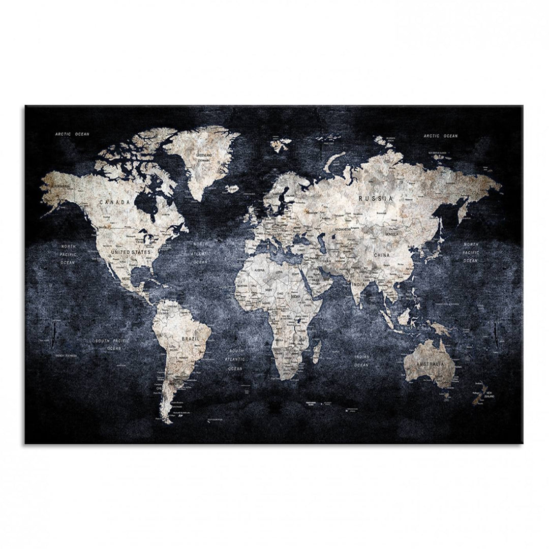 Rustic Black and Bronze World Map Canvas Triptych features white continents on a grunge-stained background.