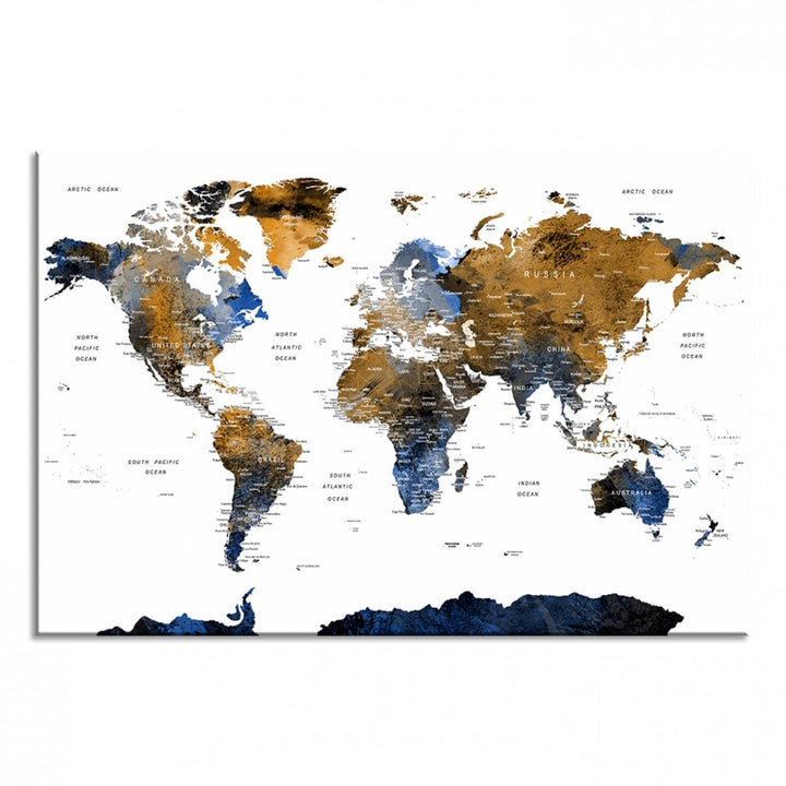 The Watercolor World Map Canvas showcases a grunge-stained background in gold, gray, and blue hues.