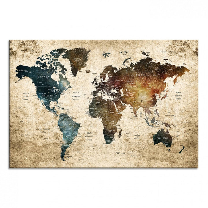 Grunge World Map Canvas featuring earth-toned continents, suitable for study, office, or living room.