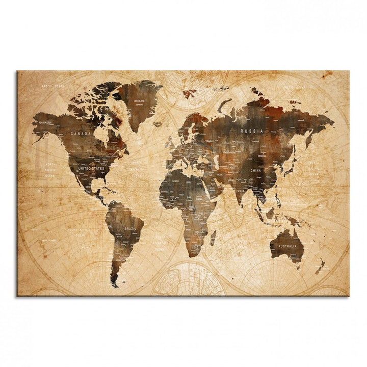 Vintage World Map Wall Art | 3 Panel Large Canvas Art | Antique World Map Canvas Print | Rustic Map Wall Art, Framed Gallery Wrapped