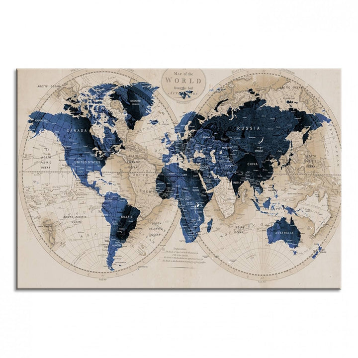 Vintage Triptych Map Print - Antique World Map Canvas Wall Art – Vintage Triptych Blue and Beige Map Print