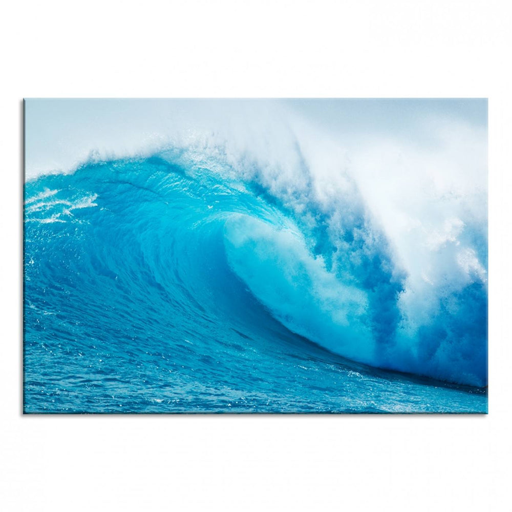 A museum-quality canvas depicting a vibrant blue ocean wave with white foam under a clear sky.