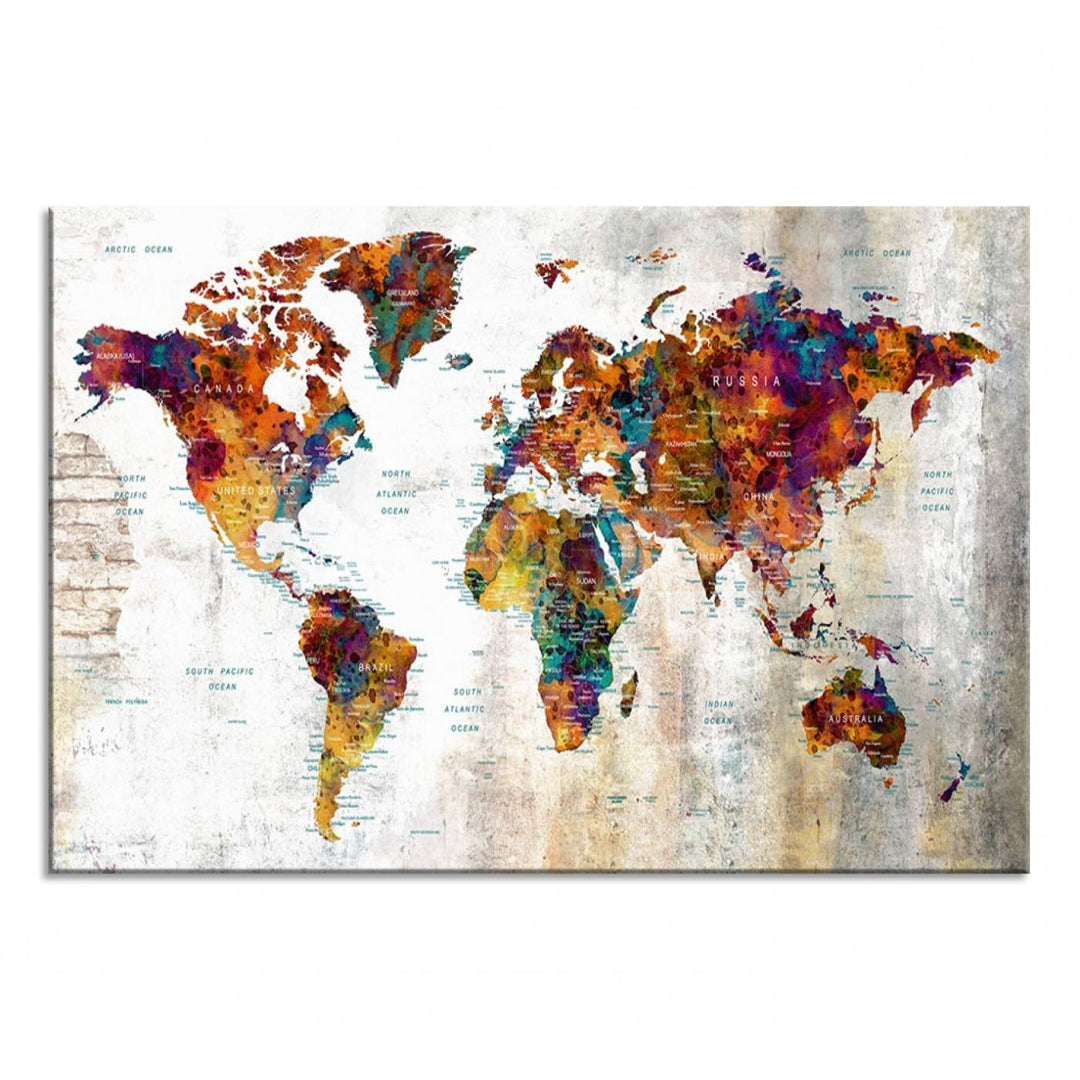 A vibrant Grunge Map Canvas Wall Art Set (3 Panels) for home or office decor, perfect for travel enthusiasts.