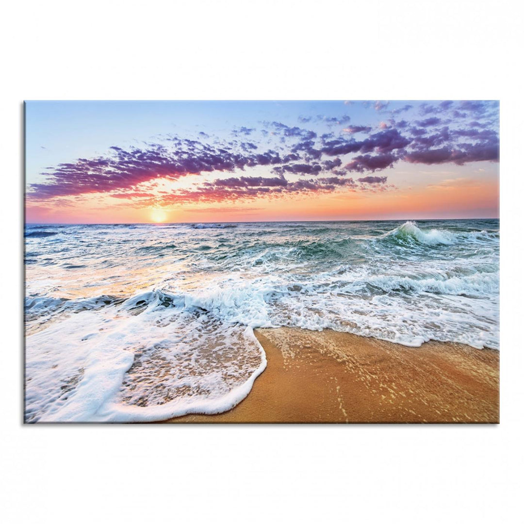 The Coastal Sunset Art Canvas Print features ocean waves beneath a vibrant sky in a stunning 3-panel seascape.