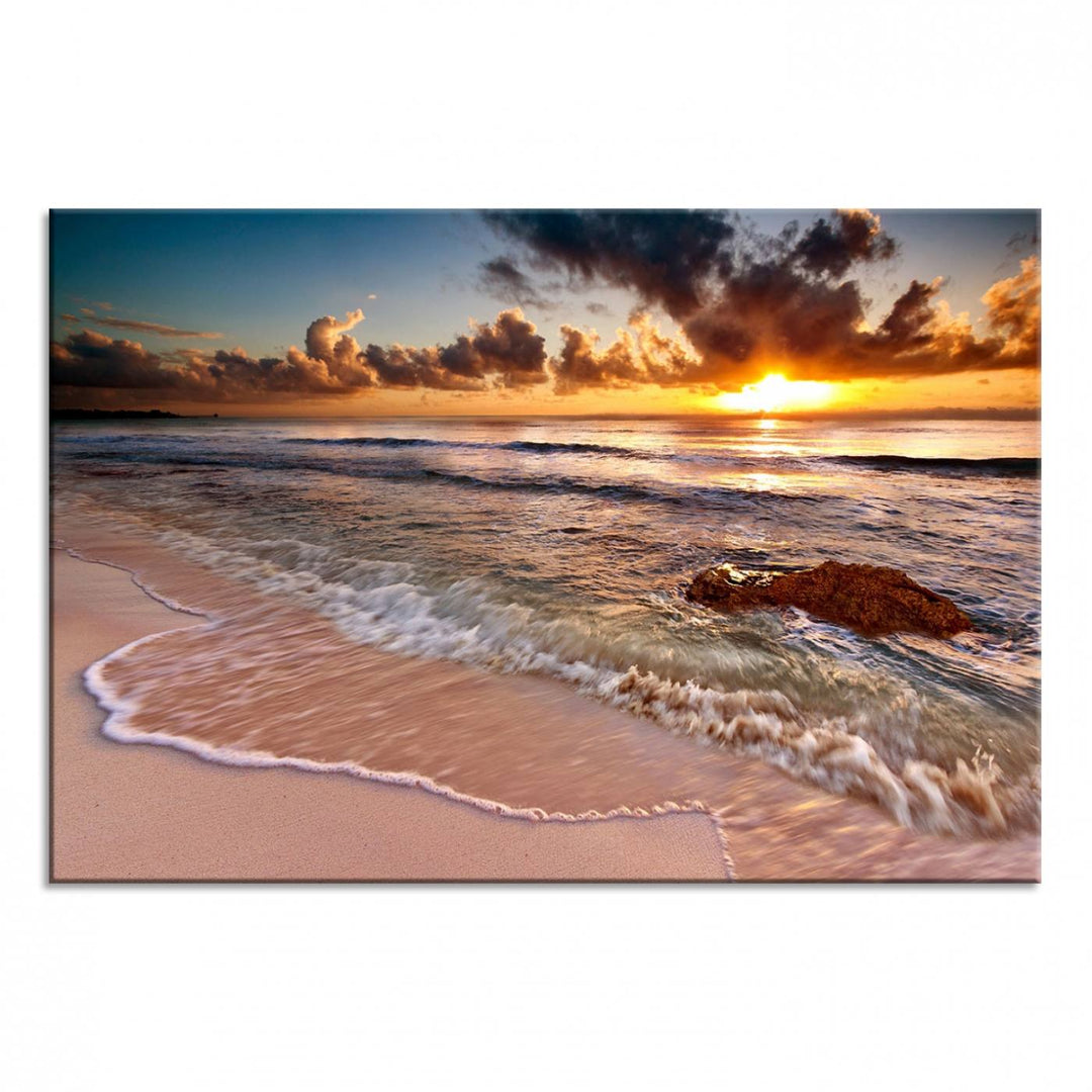 The Sunset on Ocean Wall Art Canvas Print beautifully captures a beach sunset, gentle waves, and a peaceful atmosphere.