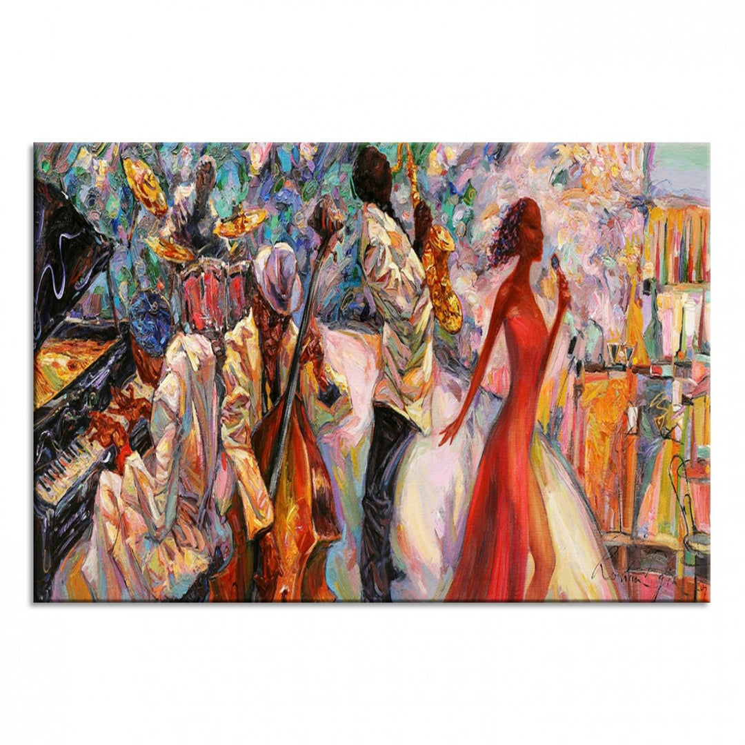 The Abstract Afro American Jazz Canvas captures a vibrant jazz band and showcases a woman dancing in red, making it perfect for dining or music spaces.