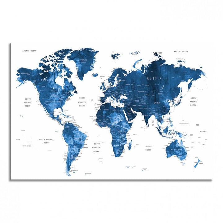 Navy Blue Wall Art World Map Canvas Print, an ideal piece for anyone seeking unique home or office decor.