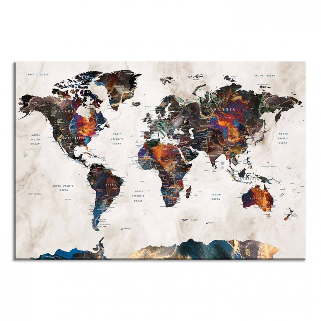 Watercolor World Map Canvas Print in earthy hues with a grunge background, ideal for wall decor.