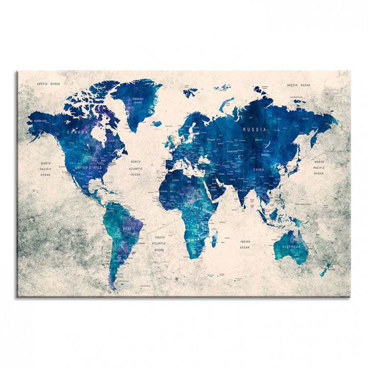 Navy Blue Push Pin World Map Canvas Print featuring a grunge-stained background, with labeled countries and oceans.