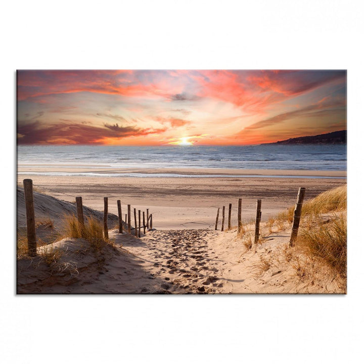 The Sunset on the Sea Wall Art Canvas Print beautifully captures a beach sunset and waves, enhanced with a UV-protective coating.