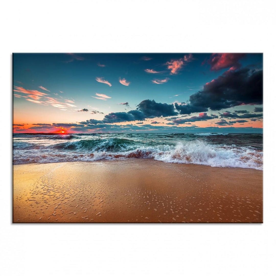 Sunset on Beach Wall Art: Waves under a vibrant sky. Crafted on museum-quality canvas, ready to hang and admire.