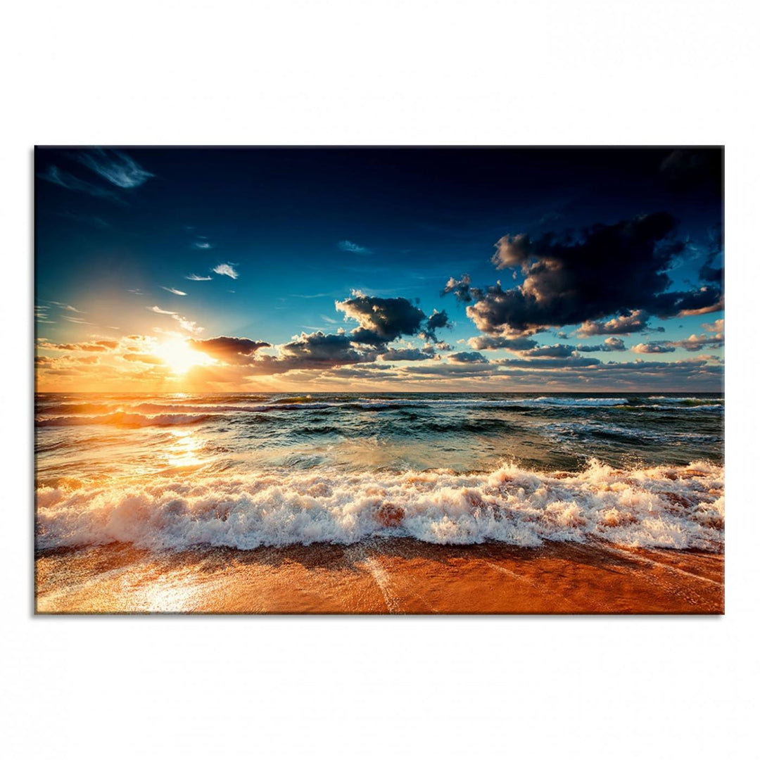 Golden Hour Sunset Over Ocean Waves Canvas: 3-Panel Coastal Landscape Art with Stunning Beach Photography Print.