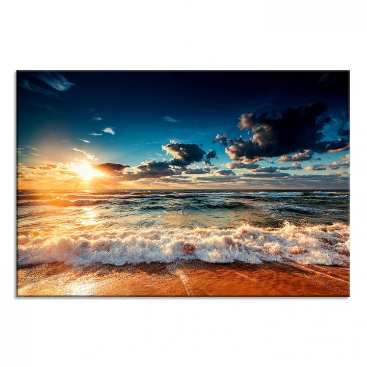 Golden Hour Sunset Over Ocean Waves Canvas: 3-Panel Coastal Landscape Art with Stunning Beach Photography Print.