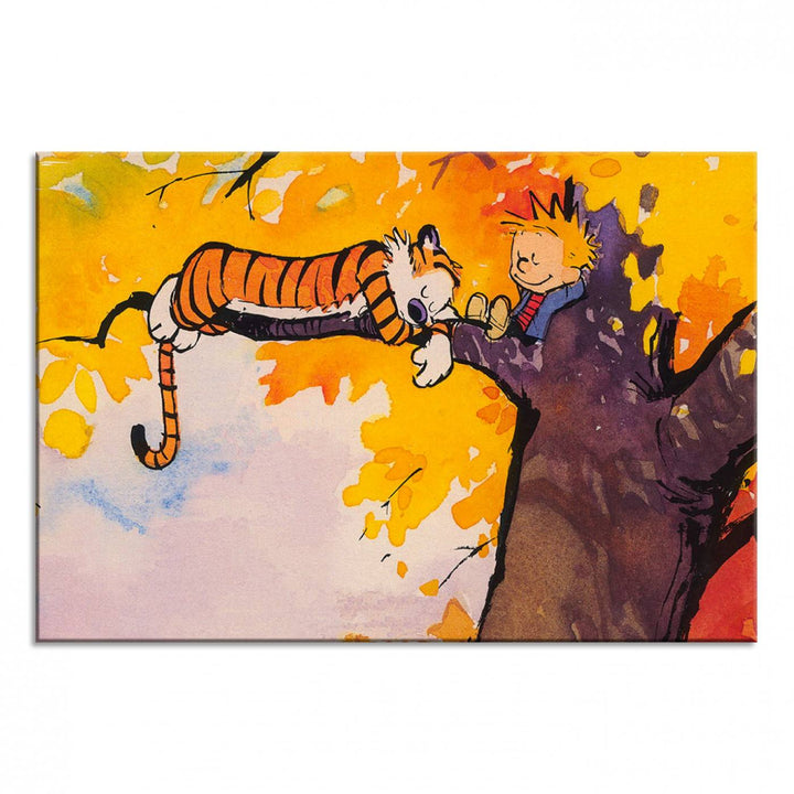 A wall art featuring a boy and a tiger amidst autumn leaves, reminiscent of the Calvin and Hobbes Tree Scene Canvas Print, ideal for creating a playful atmosphere.