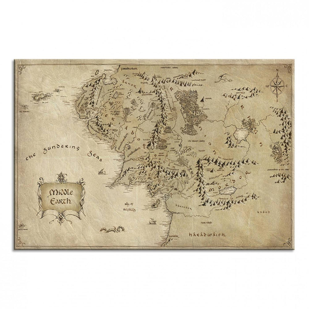 A vintage-style Lord of the Rings map canvas print, featuring decorative labels and a compass rose for fantasy decor.