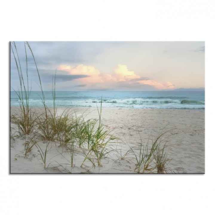 Flight Over Coastal Beach print on UV canvas displayed against white walls.