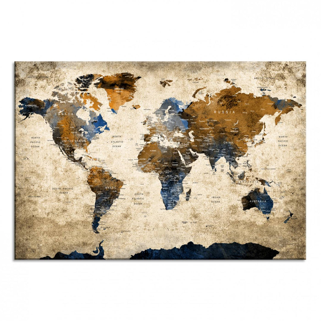 Vintage World Map Canvas Wall Art – Textured Triptych Map Print – Global Decor for Living Room or Office – Ready to Hang