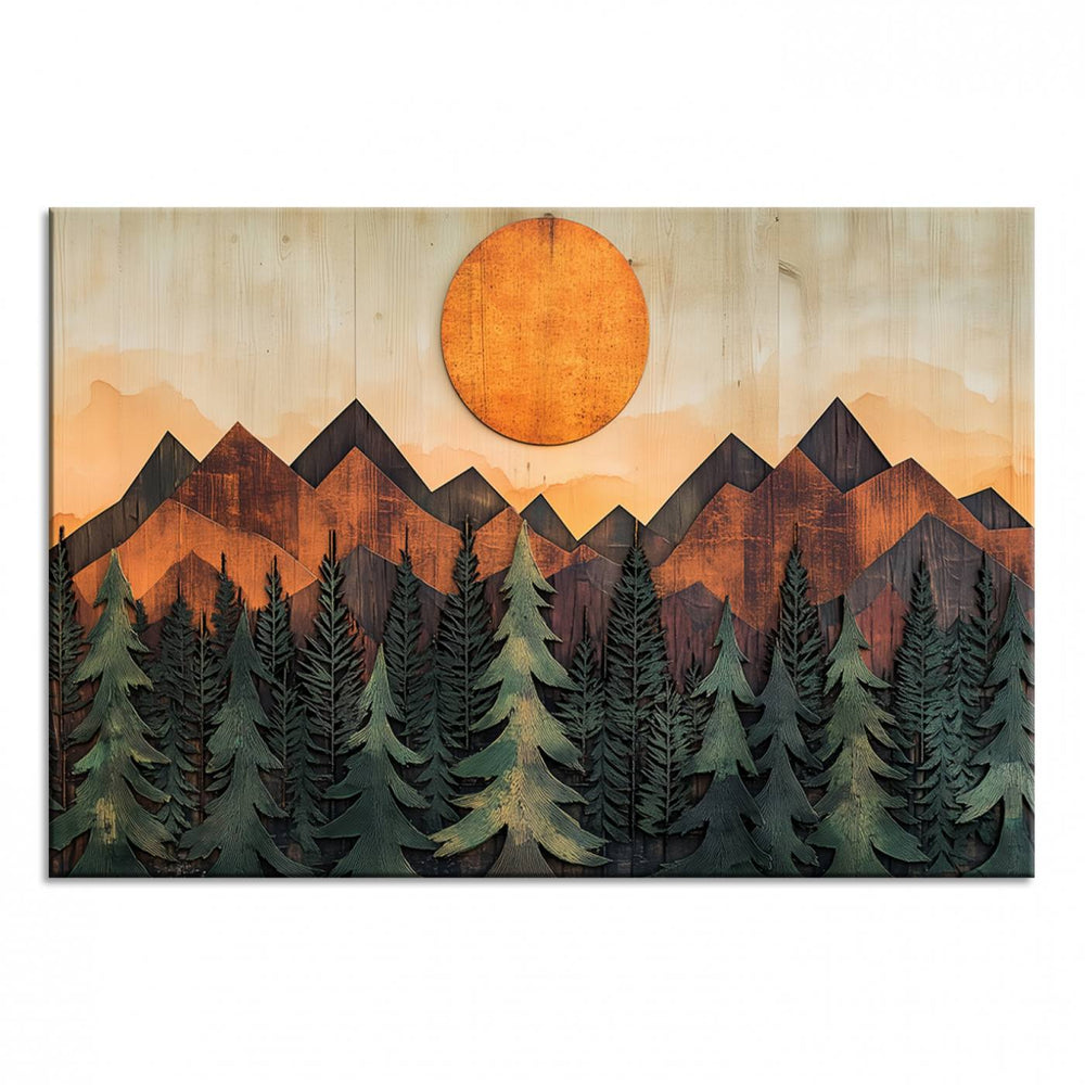 Sunset Mountain Landscape canvas wall art print featuring forest and wooden textures in green, brown, and orange.