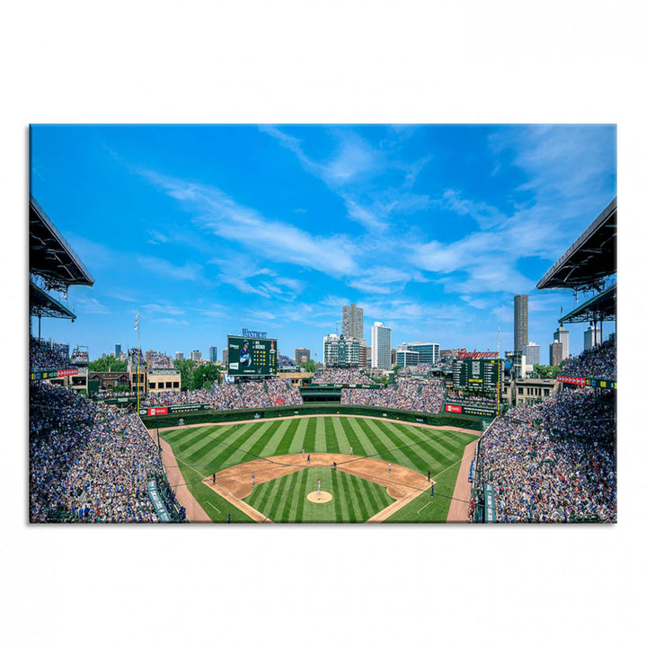 Panoramic view of Wrigley Field, ideal for the Wrigley Field Chicago Cubs Panoramic Canvas Wall Art - Ready to Hang.