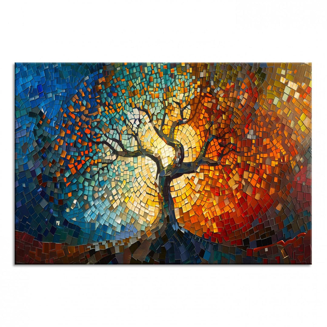 Mosaic Tree Canvas Wall Art: A stunning stained glass-inspired Tree of Life featuring blue and orange swirling patterns reminiscent of a sunburst.