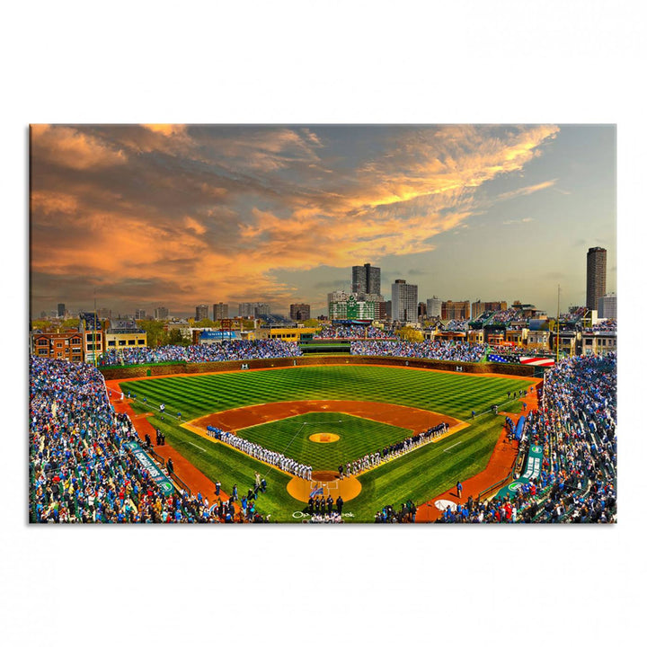 Aerial view of Wrigley Field at sunset against a vibrant sky, creating the perfect Chicago Wrigley Field Canvas Wall Art.