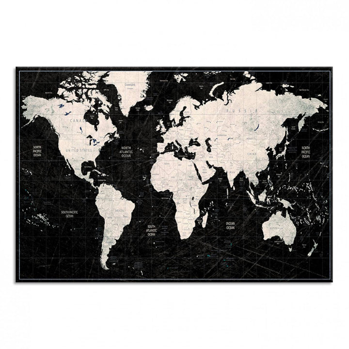 Framed Black and White World Map Canvas Print | 3-Panel Ready to Hang Wall Art for Modern Home Decor | Bold Global Style for Office Decor