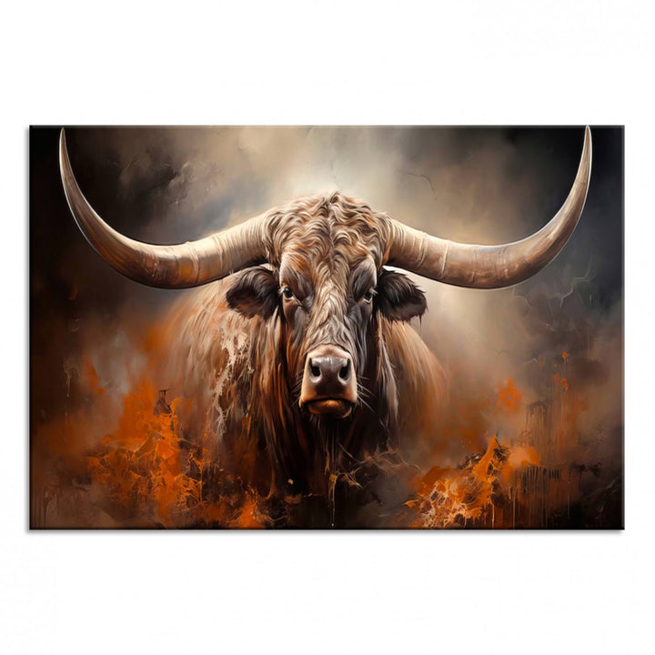 A Highland Bull with striking horns is depicted in a fiery abstract style on a ready-to-hang wall art canvas, evoking strength.