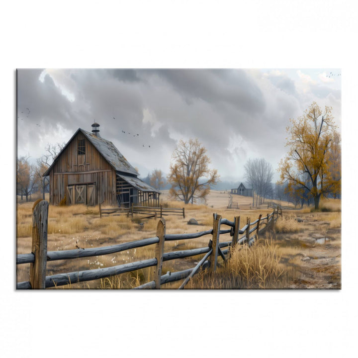 Rustic Autumn Farmhouse Wall Art – Weathered Barn & Trees Canvas Print, featuring a serene scene with birds in the sky. This piece is ready to hang.