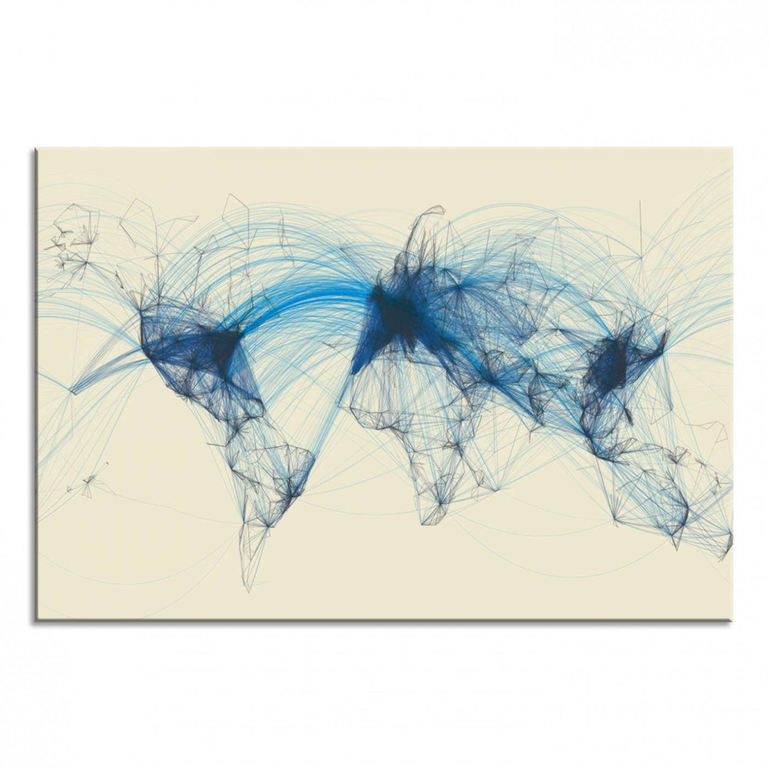 Flight Routes Map: Air Traffic Avi World Map featuring blue lines symbolizing global data. Ideal for home decor and ready to hang.