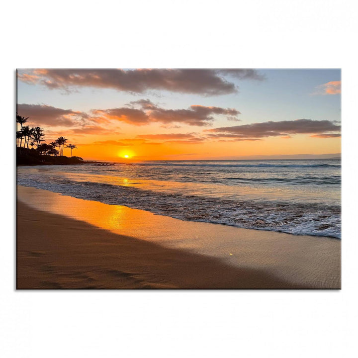 Sunset Wall Art Print featuring a beach sunset with waves and palms, perfect for coastal decor.