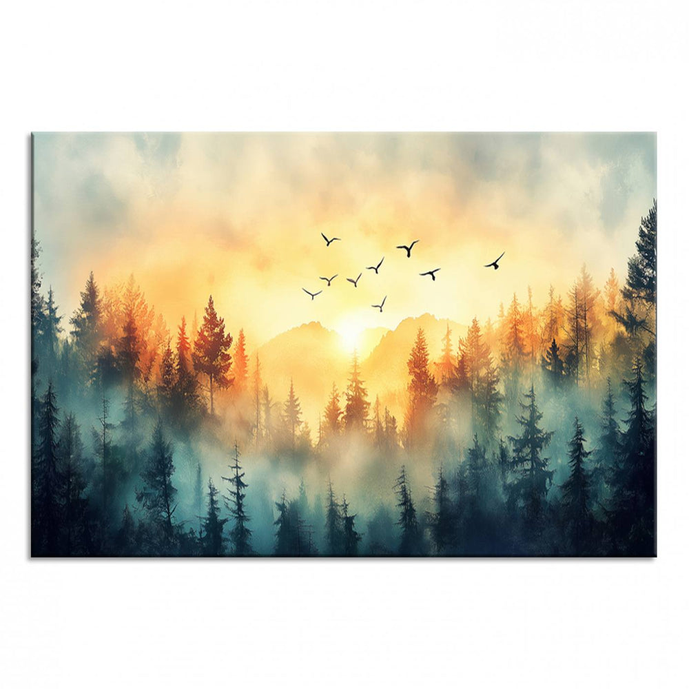 An Abstract Forest Wall Art Print features a serene misty forest with birds under an orange sky, ideal for enhancing any space.