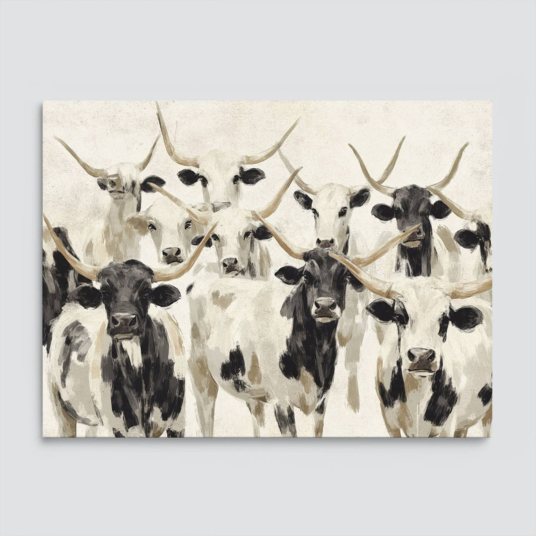 Canvas print titled Longhorn Texas Cow Drawing, depicting longhorn cattle with black and white markings, made in the USA, displayed on the wall.