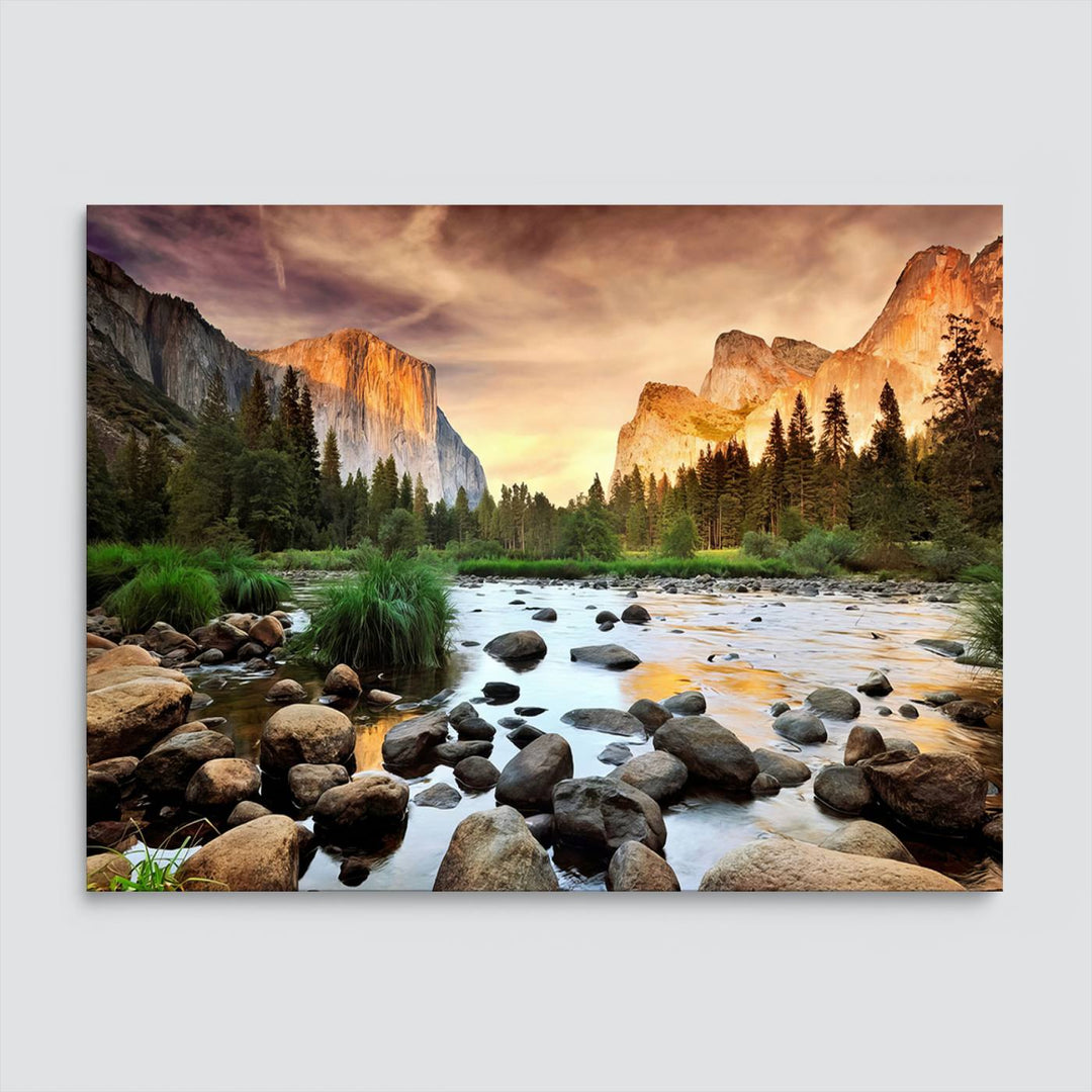 A tranquil riverside sunset mirrors the beauty of a Yosemite wall art masterpiece like the Large El Capitan Print.