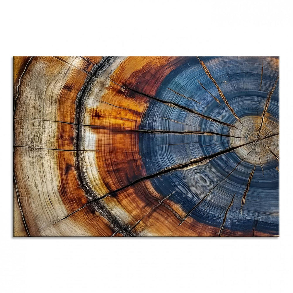 The Wood Grain Canvas Wall Art showcases a close-up of a tree trunk cross-section, highlighting colorful tree ring wall decor.