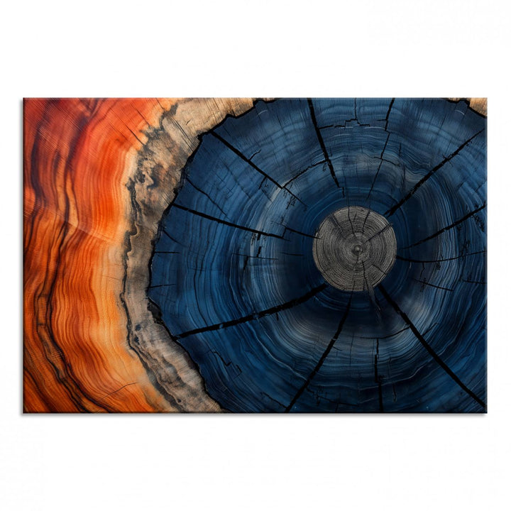 Abstract Tree Rings Canvas Print with vibrant colors—ideal farmhouse wall art for a woodland-themed home.