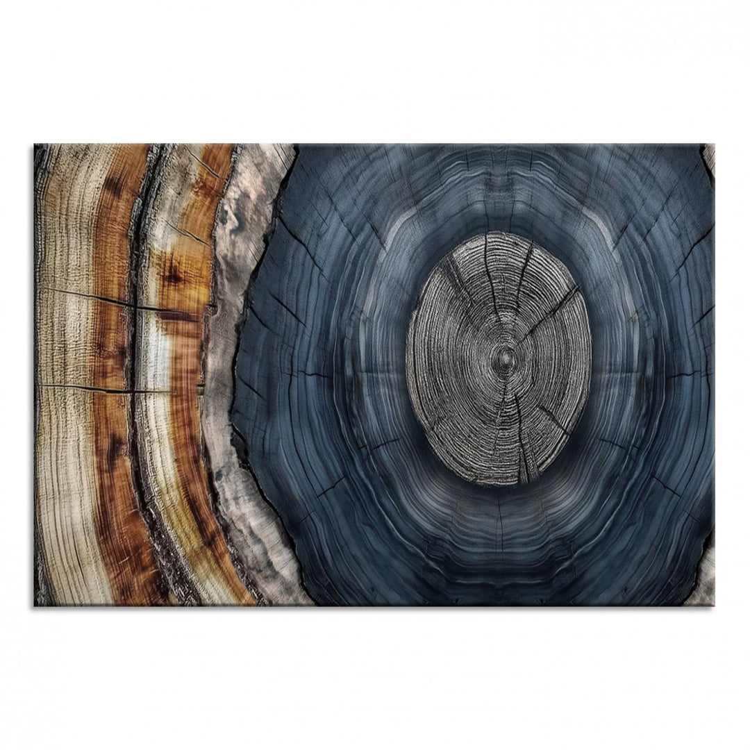 Close-up of the Abstract Tree Rings Wall Art Print featuring shades of blue, brown, and gray.