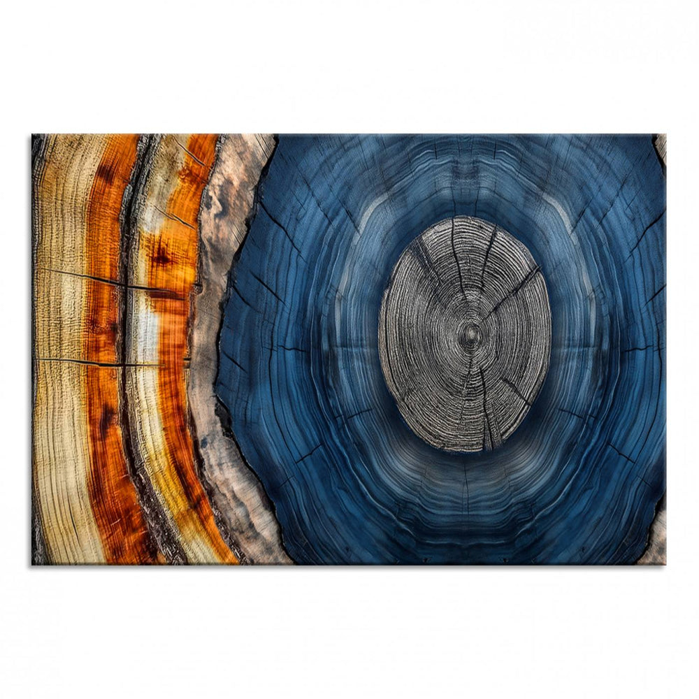 Vibrant Abstract Tree Rings in Orange, Brown, and Blue - Canvas Print for Nature Woodland Wall Decor.