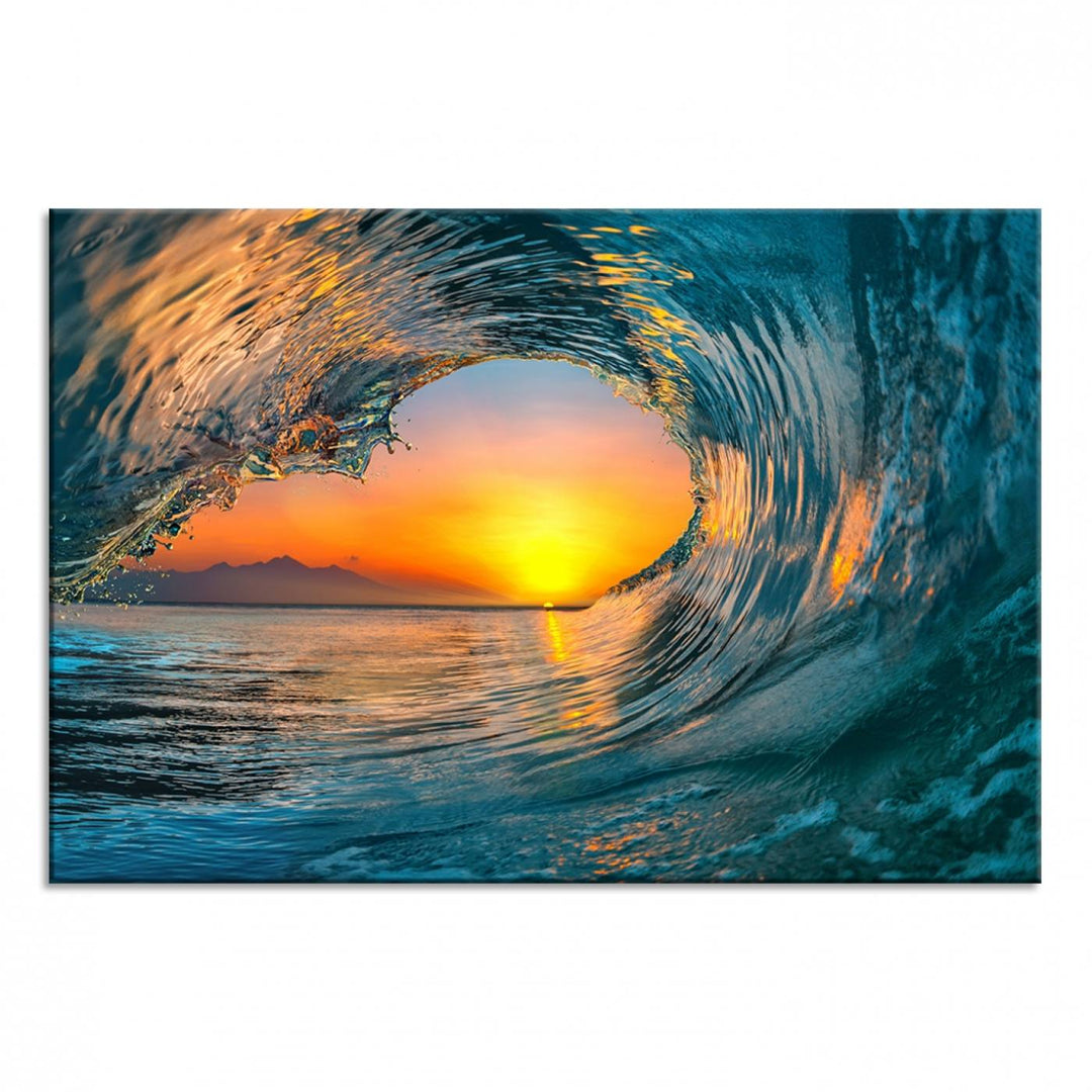 The Ocean Wave Sunset Wall Art canvas print features a vibrant ocean wave at sunset, forming a tunnel with silhouetted mountains.