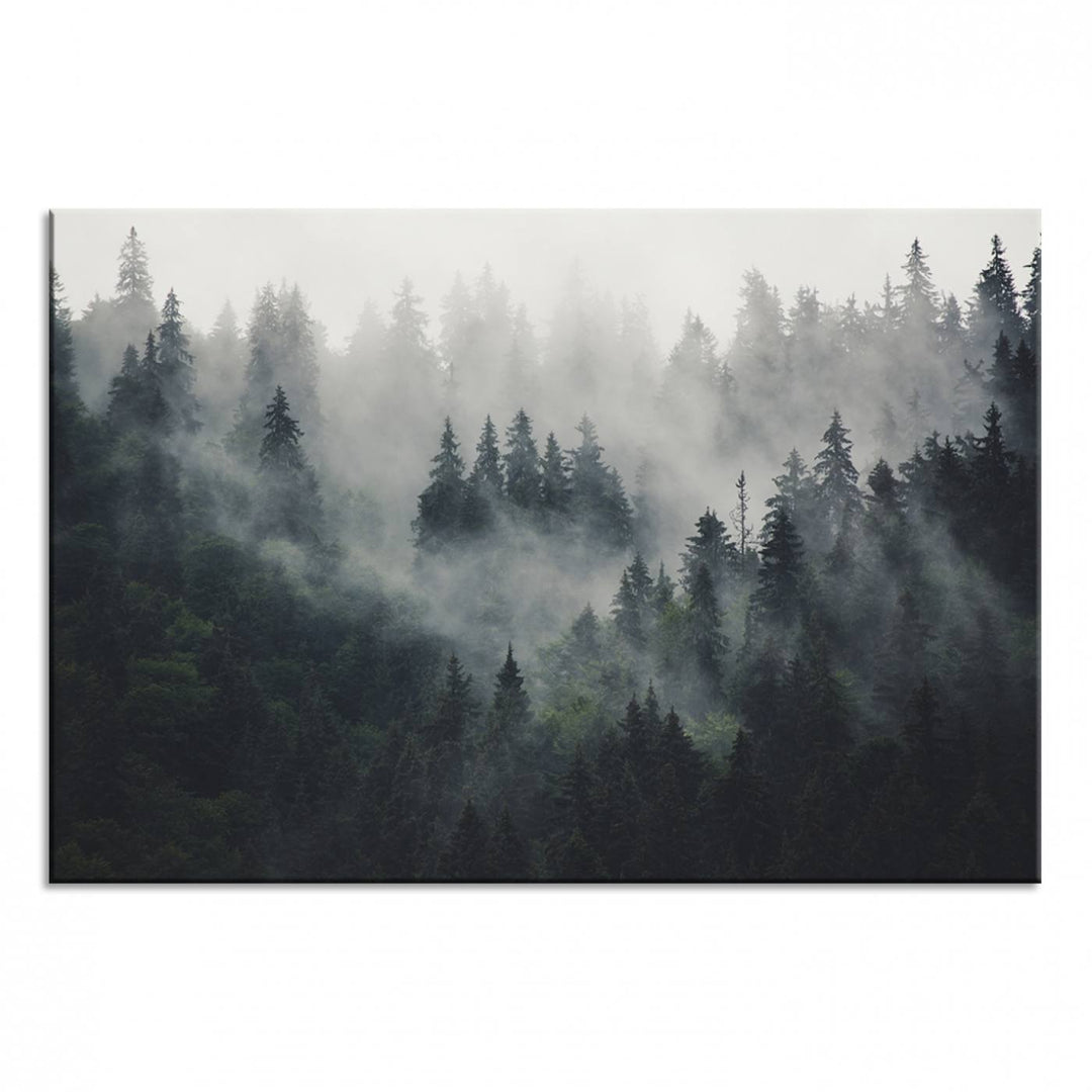 The Serene Triptych Print features tall evergreens, creating a mysterious and calming atmosphere.