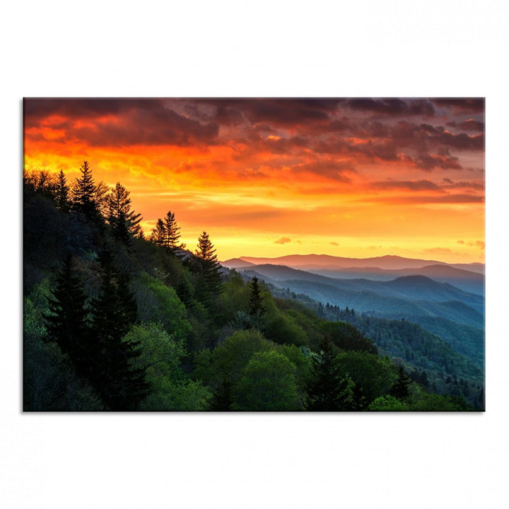 The Great Smoky Mountains Sunset Wall Art, a 3-panel print, beautifully captures natures beauty and is perfect for living room or office decor.